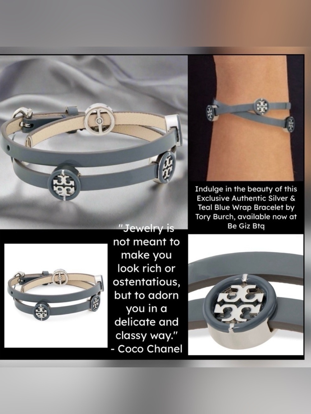 🆕Tory Burch Authentic Miller Silver & Leather Blue Enamel Double Wrap Bracelet